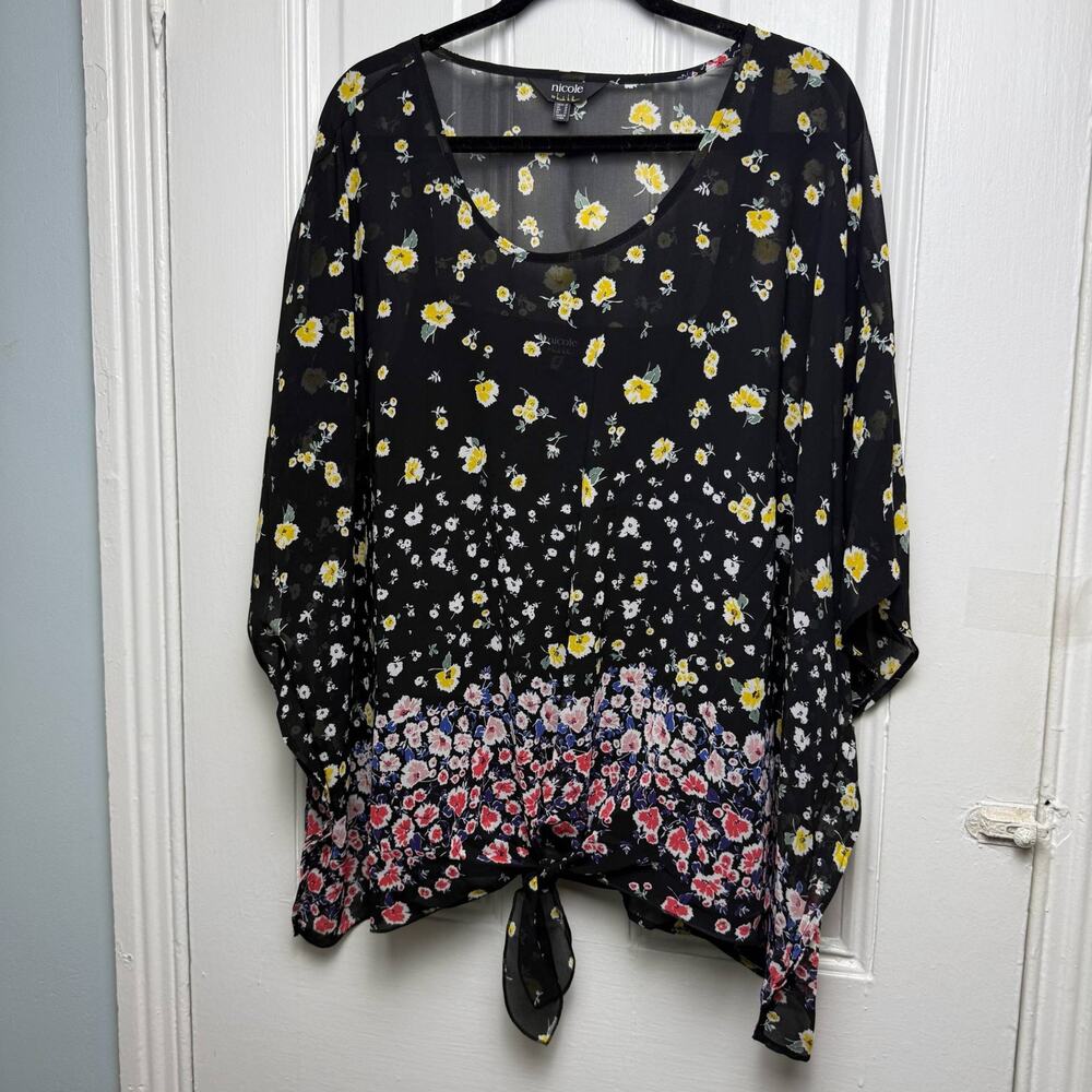 Nicole by Nicole Miller Chiffon Tie Front Blouse Womens 3X Floral Black Shirt